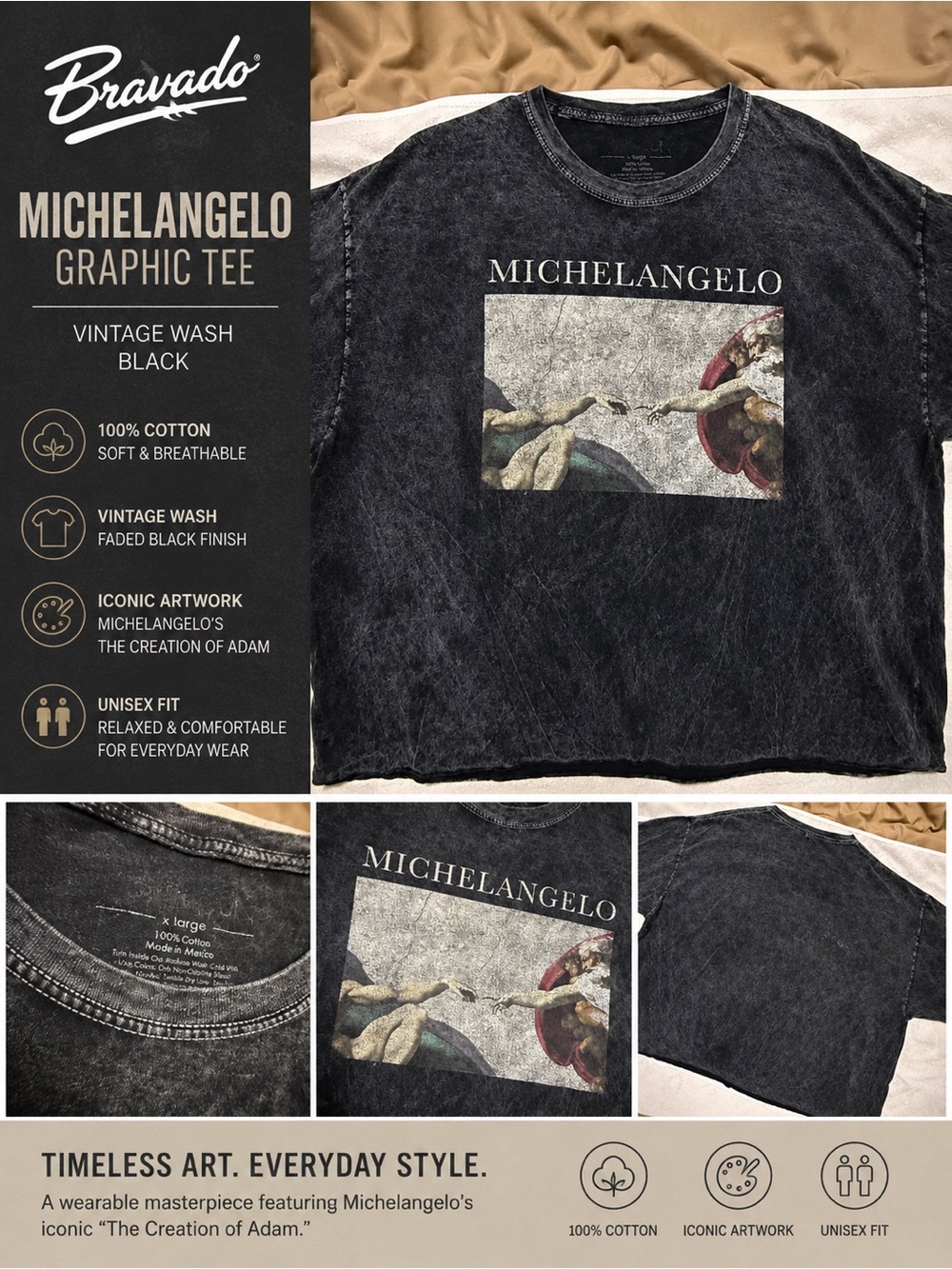 Bravado Black Vintage Wash Michelangelo Graphic Tee Unisex X-Large
